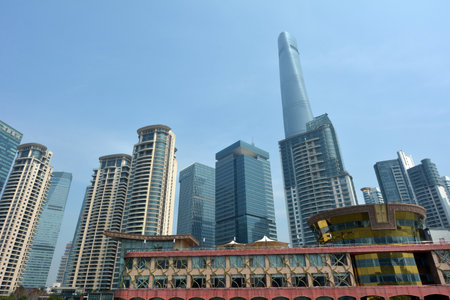 SHANGHAI, CN - MAR 15 2015:Pudong New Area skyline in Shanghai, China.Pudong is home to the Lujiazui...
