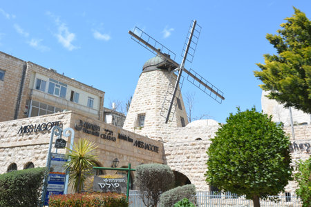 JERUSALEM - MAR 24 2015:Rehavia Windmill in Jerusalem, Israel.It was built in the 19th century by the Greek Orthodox Church for the production of flour to support Christians pilgrims to Jerusalem.のeditorial素材