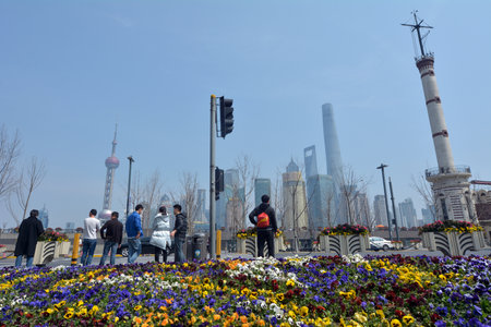 SHANGHAI, CN - MAR 15 2015:Pudong New Area skyline in Shanghai, China.Pudong is home to the Lujiazui Finance and Trade Zone and the Shanghai Stock Exchange and many of Shanghai's best-known buildings.のeditorial素材