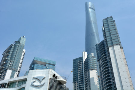 SHANGHAI, CN - MAR 15 2015:Pudong New Area skyline in Shanghai, China.Pudong is home to the Lujiazui...