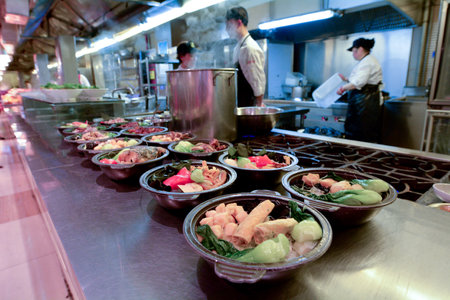 SHANGHAI - MAR 15 2015:Chinese food on display in a food market in Shanghai China.Chinese cuisine go back for thousands of years, changed according to climate, imperial fashions and local preferences.のeditorial素材