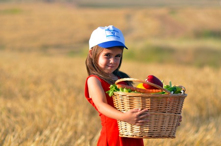 Little Jewish Israeli girl with basket of the first fruits during the Jewish holiday, Shavuot in Israel.の写真素材