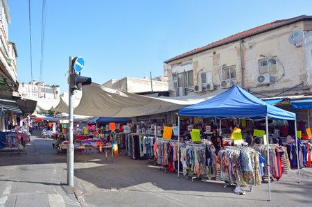 TEL AVIV, ISR - MAR 27 2015:Bezalel Market in Tel Aviv, Israel. The famous market from the 1920, offers a wide selection of clothes, and home appliances. in Tel Aviv, Israel. The famous market from the 1920, offers a wide selection of clothes, and home apのeditorial素材