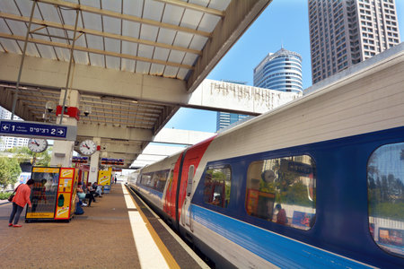TEL AVIV, ISR - MAR 26 2015:Passengers in Tel Aviv Savidor Central Railway Station.It's  the main central train station of Tel Aviv and one of the main railway hubs of Israel.のeditorial素材