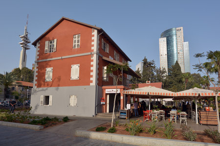 TEL AVIV - APR 28 2015:Sarona open air commercial center in Tel Aviv, Israel.It's a culture, leisure and shopping center build on 37 original restored buildings of Sarona Templar settlement from 1871のeditorial素材
