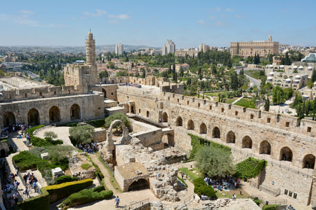 jERUSALEM - MAY 05 2015:Aerial view of the Tower of David and archeological garden in Jerusalem, Israel.It's a famous landmark of Jerusalem with historical and archaeological significant.のeditorial素材