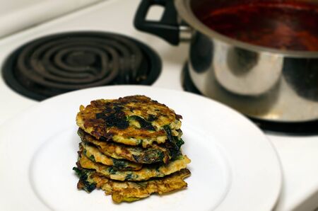 Spinach pancake (Latkes in Yiddish) a traditional Jewish dish for Rush Hashanah the Jewish New Year dinner.の写真素材