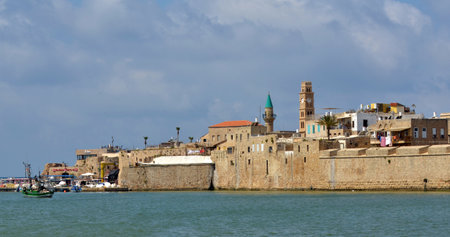 Panoramic landscape view of Acre Akko old city port skyline, Israel.のeditorial素材