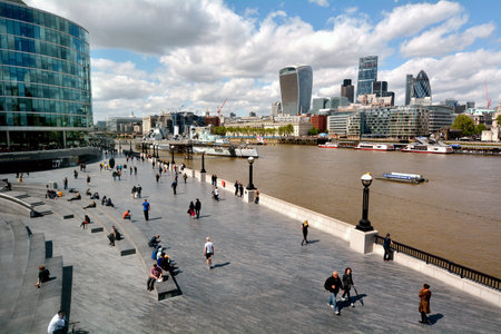 LONDON -  MAY 14 2015:Aerial view of Queen's South Bank Walk London.It's a sightseeing walk for tourists and visitors follows the River Thames Southbank path from Westminster Bridge to Tower Bridge.のeditorial素材