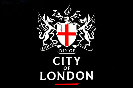 LONDON - MAY 12 2015:City of London Sign on dark background.The City has a unique political status of integrity as a corporate city since the Anglo-Saxon period and its singular relationship with the Crown.のeditorial素材