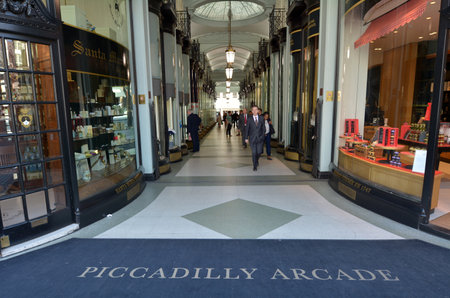 LONDON - MAY 14 2015:Piccadilly Arcade in Central London.ItÕs an historic shopping cente (1819) one of the most popular London tourists attractions with those  that have expensive shopping tastes.のeditorial素材