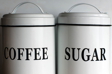White coffee and sugar containers.の写真素材