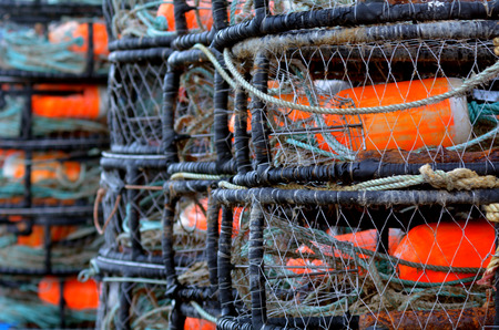 Round crabs fishing traps background.の写真素材