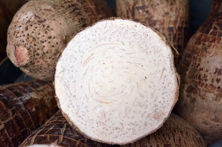 Across section of Taro Root at a market in Chinatown market. Food background texture.の写真素材