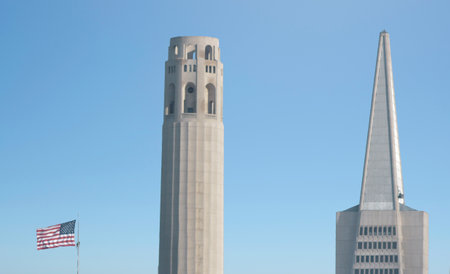SAN FRANCISCO - MAY 15 2015:Coit Tower and Transamerica Pyramid dominant San Francisco skyline, CA.At 853 feet tall, Transamerica Pyramid is currently San FranciscoÕs tallest building San Francisco skyline, CA.のeditorial素材