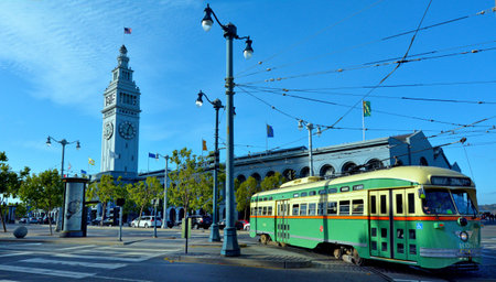 SAN FRANCISCO - MAY 15 2015:One of San Francisco's original PCC streetcars in SF Ferry Building. itÕs one of the most expensive urban transit system to operate in America, costing about  $25 per trainのeditorial素材