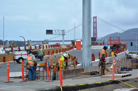 SAN FRANCISCO - MAY 21 2015:Road workers of San Francisco parkway tunnels at work.The Presidio...