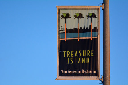 SAN FRANCISCO - MAY 19 2015:Treasure Island sign.It's an artificial island in San Francisco Bay. Built 1936Ð37 for the 1939 Golden Gate International Fair the site is a California Historical Landmarkのeditorial素材