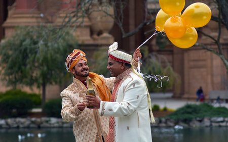 SAN FRANCISCO - MAY 15 2015:Gay couple getting married at Palace of Fine Arts in San Francisco, CA.Same-sex marriage is legal in the U.S. state of California since  June 16, 2008.のeditorial素材