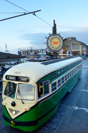 SAN FRANCISCO - MAY 15 2015:One of San Francisco's original PCC streetcars in Fisherman Market.ItÕs one of the most expensive urban transit system to operate in America costing about $25 per train.のeditorial素材