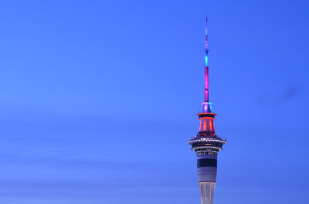 AUCKLAND - AUG 03 2015:Aerial view of Auckland Sky tower in colors at dusk. The Sky Tower is the tallest structure in the Southern Hemisphere at 328 metres.のeditorial素材