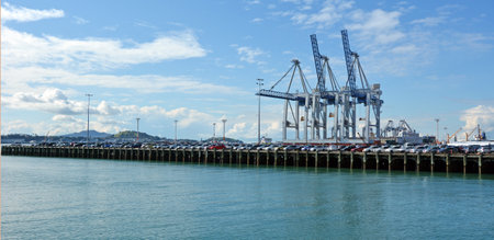AUCKLAND,  NZL - AUG 01 2015:Newly imported cars waiting to be inspected at one of the car yards at Captain Cook Wharf in Ports of Auckland, New Zealand.のeditorial素材