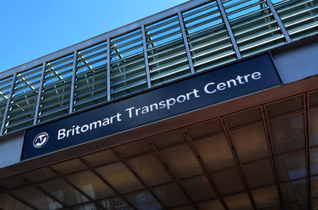 AUCKLAND - AUG 10 2015:Britomart Train Station sign in Auckland New Zealand.It's the CBD public...