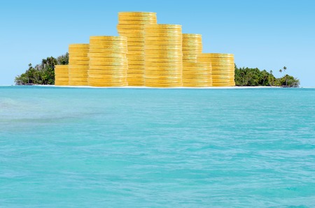 Offshore banking and  tax havens concept with golden coins on sand island and palm trees. Copy space