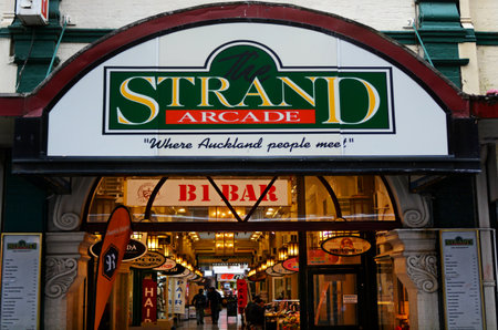 AUCKLAND,  NZL -  sep 01 2015:The faced and sign of Strand Arcade on Queen Street in Auckland, New Zealand.It's one of the oldest arcades in Auckland City, The Strand Arcade dates back to 1910.のeditorial素材