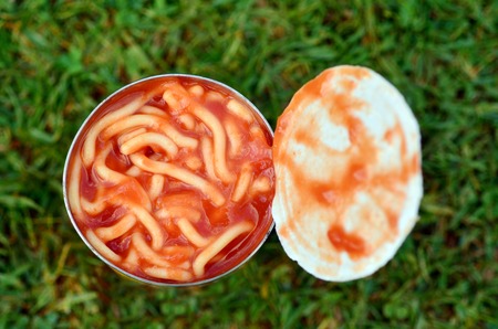 Can of spaghetti on green grass background. Concept photo of food, preserved,outdoor, camping, survival,surviving,prepared, poor, packed, crowded.の写真素材