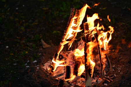 Bonfire lit on Lag Ba'Omer Jewish Holiday. Horizontalの写真素材