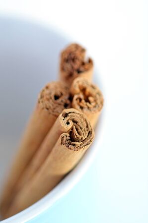Cinnamon sticks in a bawl isolated on white background. Vertical top view with copy spaceの写真素材