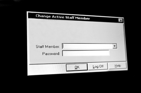 Login window of medical staff member isolated on black computer screen background. concept photo of...