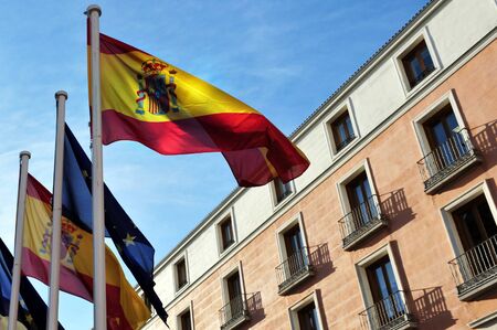 Eu and Spanish flags in Madrid Spain.