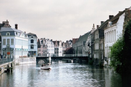 Boat on river Gent in Gent, Belgium.の写真素材