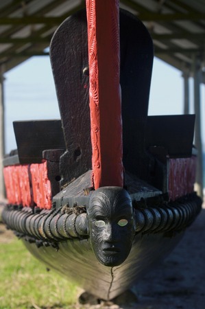 A traditional New Zealand Maori waka boat in the Bay of islands, New Zealand.の写真素材