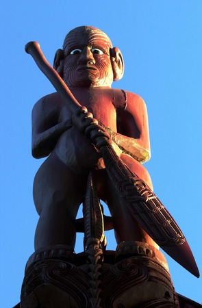 Traditional Maori carvings on a Waka boat.の写真素材