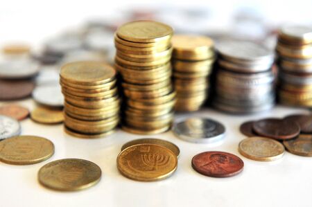 Collection of old saving and small israeli money.の写真素材