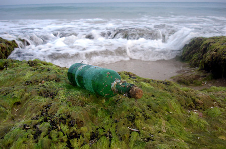 A bottle washed to shore after a storm at sea.の写真素材