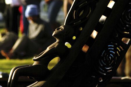 Traditional Maori carvings on a Waka boat.の写真素材