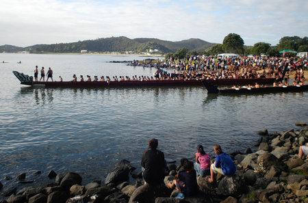 A traditional New Zealand Maori waka boat on the sea in the Bay of islands, New Zealand.のeditorial素材