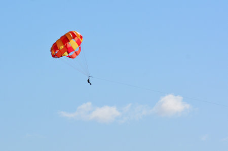 BAY OF ISLANDS, NZ - MAY 11 2014:Person Parasailing.The first ascending-gliding parachute was developed by the french Pierre-Marcel Lemoigne in 1961.のeditorial素材