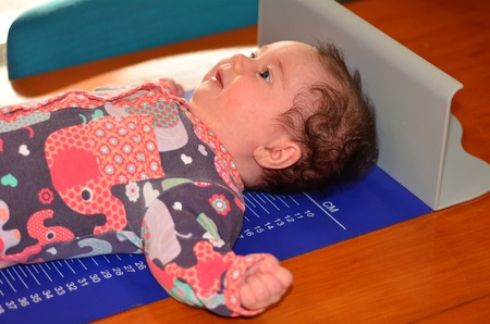 Infant baby on ruler measure during body development and body height examination.の写真素材