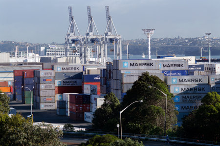AUCKLAND,NZ - MAY 29:Containers and container cranes on Fergusson Wharf at Ports of Auckland on May...
