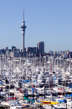 AUCKLAND, NZ - JUNE 02:Westhaven Marina looking east, towards the Sky Tower on June 02 2013.It's the largest yacht marina in the Southern Hemisphere.The marina has nearly two thousand berths and swing moorings, and tends to be continually booked.のeditorial素材