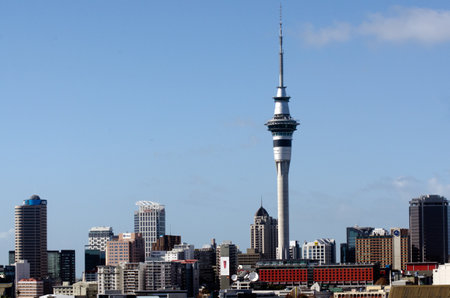 AUCKLAND, NZ - MAY 27:Auckland Sky Tower on May 27 2013. Due to its shape and height, especially when compared to the next tallest structures, it has become an iconic structure in Auckland's skyline.のeditorial素材