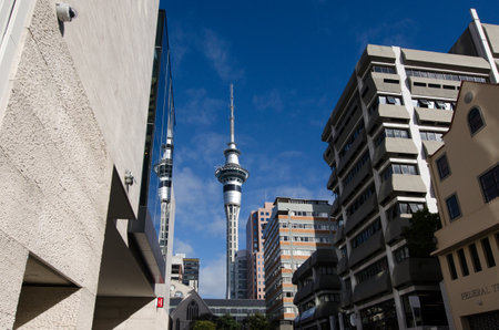 AUCKLAND, NZ - MAY 29:Auckland Sky Tower on May 29 2013.Due to its shape and height, especially when compared to the next tallest structures, it has become an iconic structure in Auckland's skyline.のeditorial素材