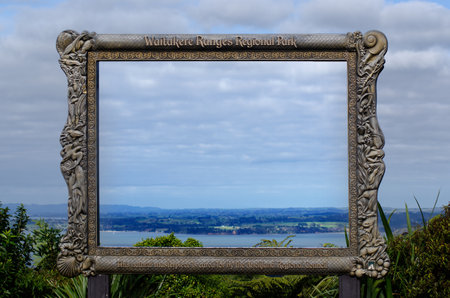 WAITAKERE, NZ - JUNE 02:Giant frame with panoramic view of the Waitakere Ranges on June 01 2013.The area is home to kauri snails, glowworms and native long-tailed bats.のeditorial素材