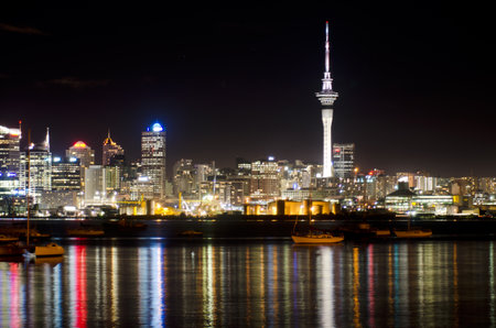 AUCKLAND,NZ - MAY 30:Auckland Skyline at night on May 30 2013.It's the largest and most populous urban area in the country. It has 1,397,300 residents, which is 32 percent of the country's population.のeditorial素材