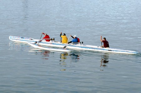 AUCKLAND, NZ - JUNE 02:Crew of a racing outrigger canoe training on June 02 2013. It become a very popular paddling sport with numerous sporting clubs located around the world.のeditorial素材